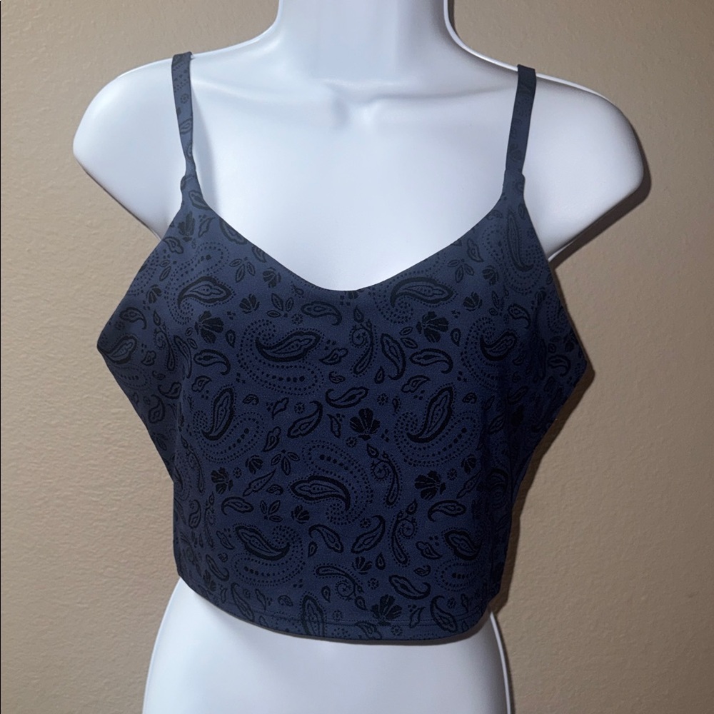 Athleta Blue and Black Paisley Print Crop V-Neck Shelf Bra Top Women’s Size M